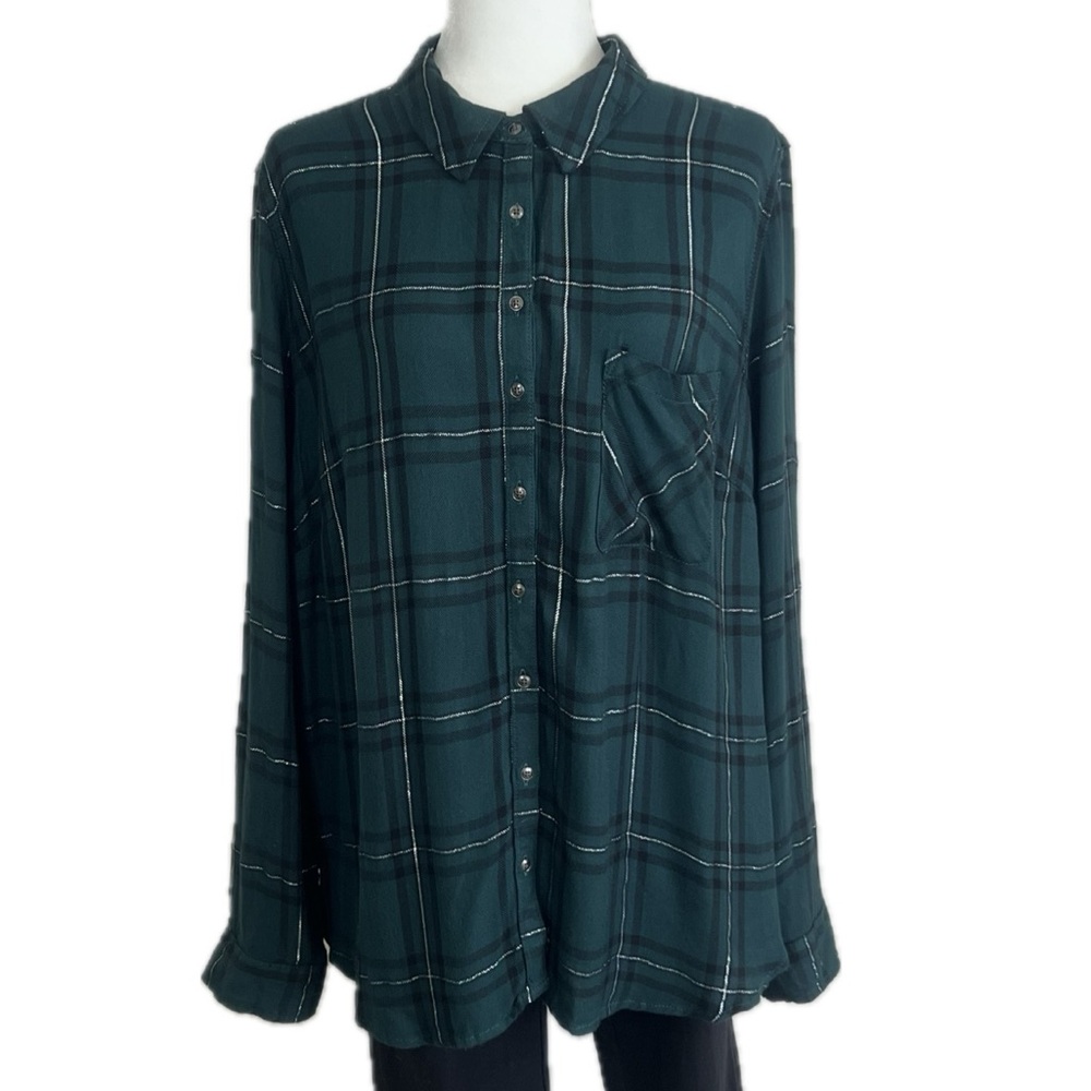 NEW Maurices Plaid Button Up Shirt Button Back Dark Green Silver 2 - Picture 17 of 17